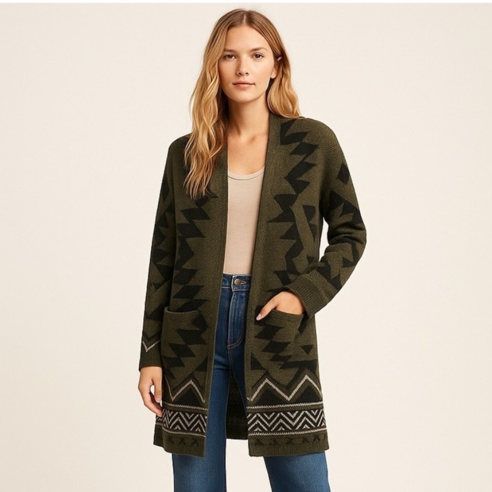 Frye geometric print Aztec green and black open front long line cardigan sweater